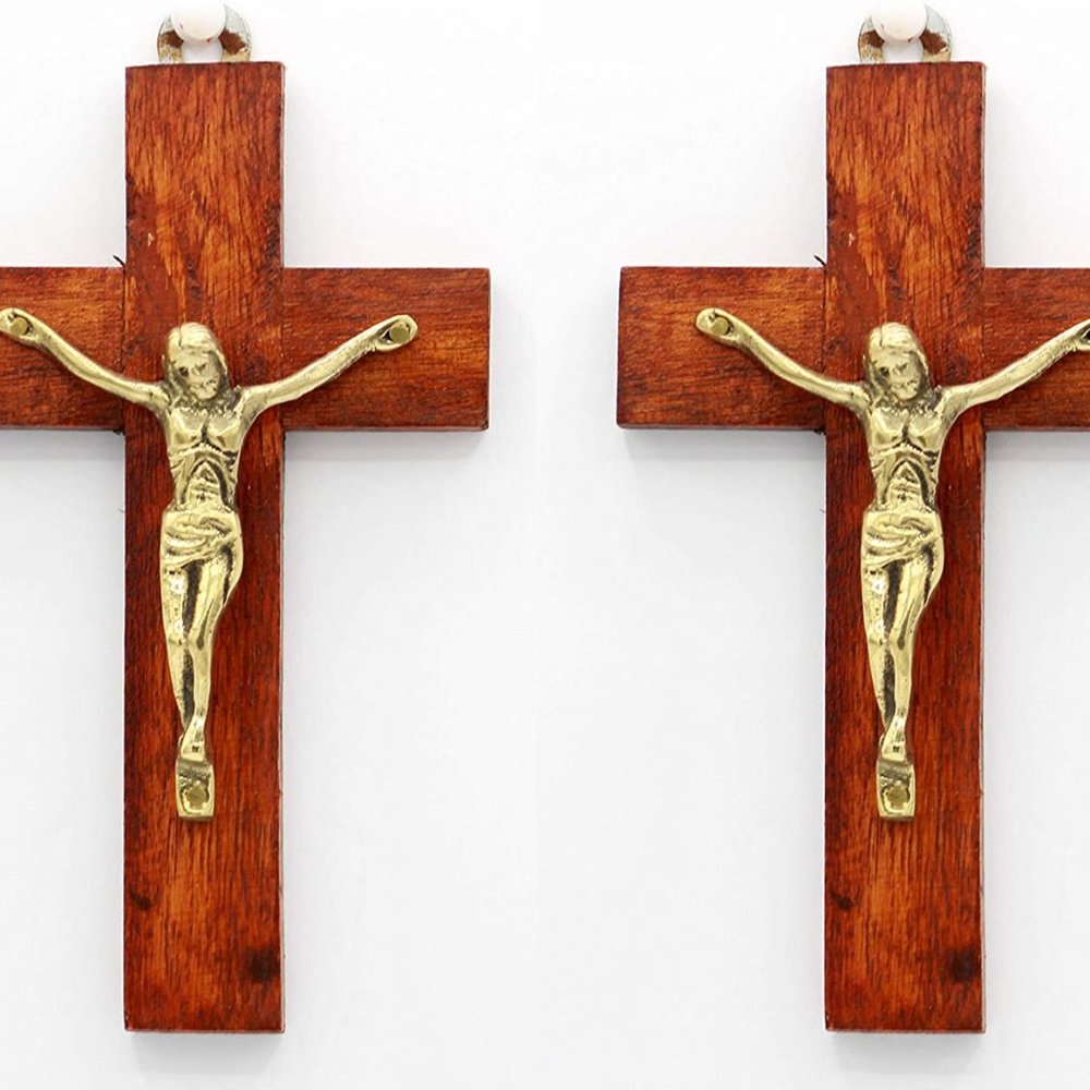 1 set of 2pcs, 6 Inch Handmade Wood and Brass Jesus Christ Crucifix cross.